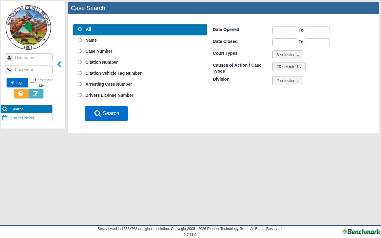 Esmeralda County arrest case record search form