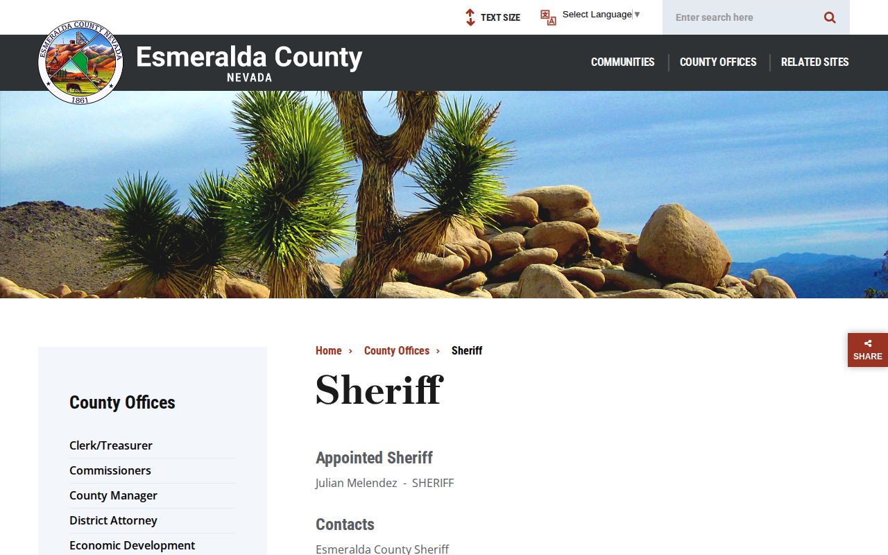 Esmeralda County Sheriff recent arrest and detention contact page