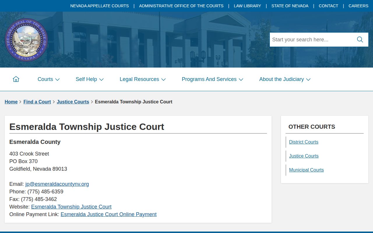 Nevada Judiciary directory entry for Esmeralda Township Justice Court
