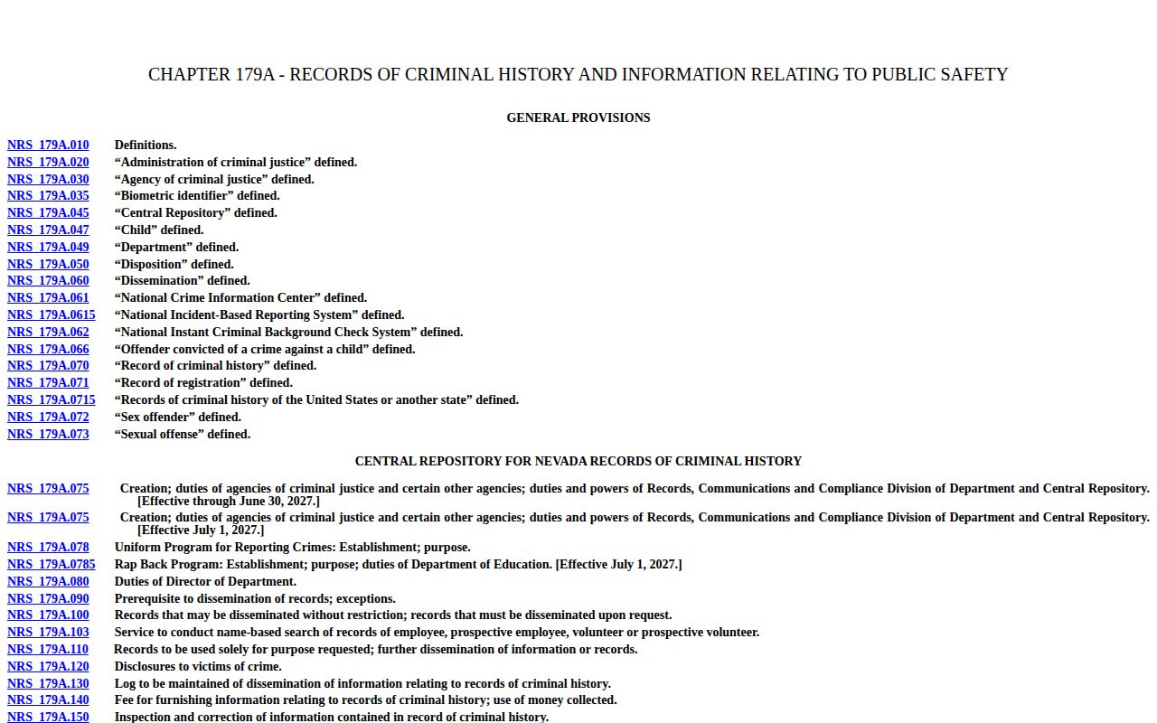 Nevada criminal history law affecting Esmeralda County arrest corrections