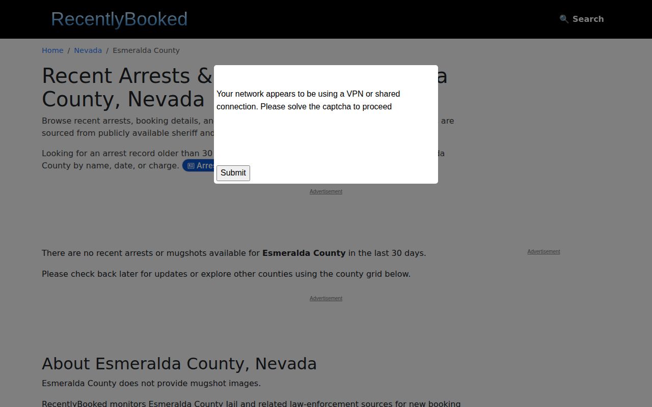 Unofficial Esmeralda County recent arrest page empty state